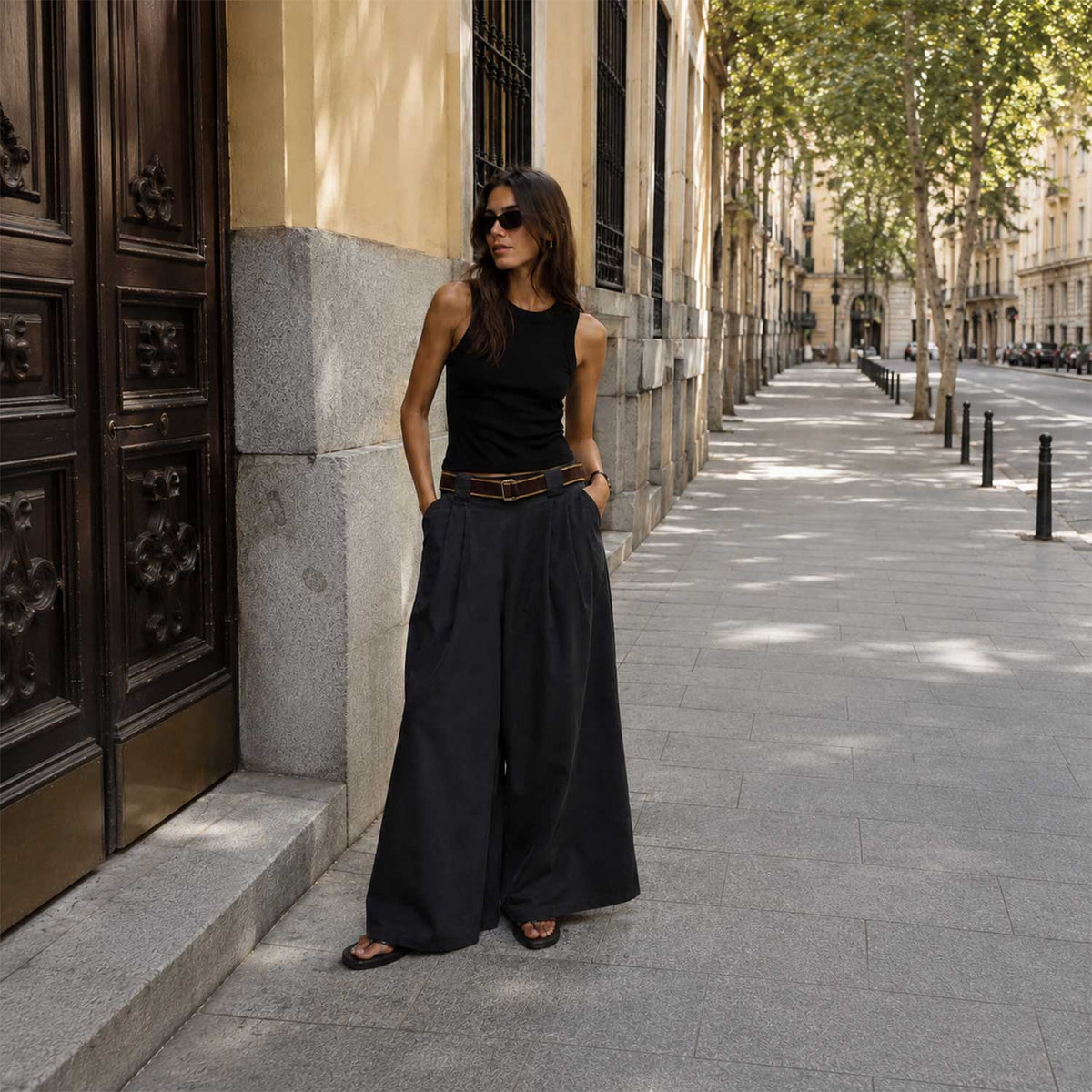 Pantalón Ancho Cinturón – Gris