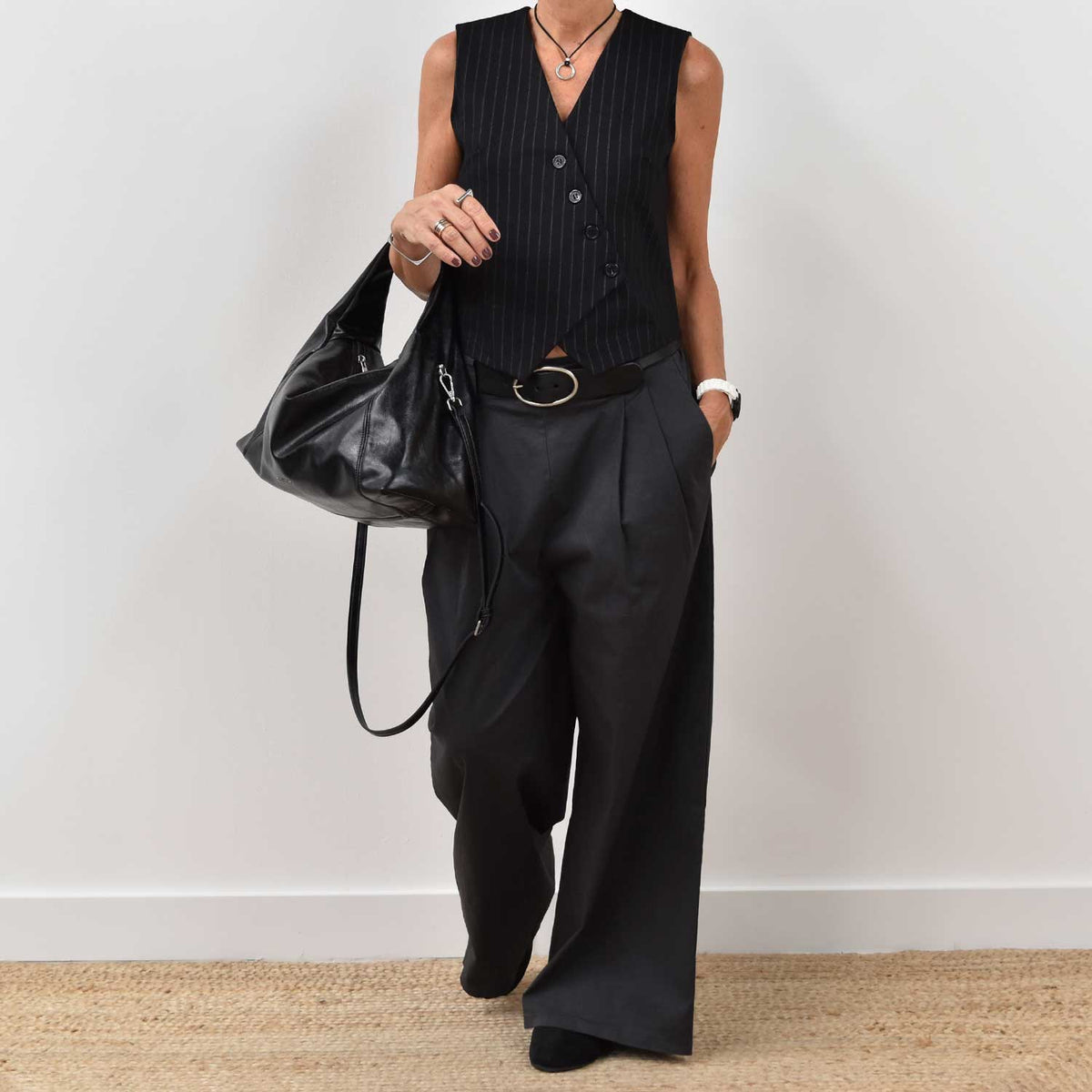 Pantalón Ancho Cinturón – Gris