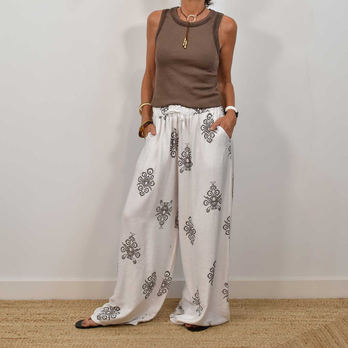 Pantalón Palazzo Estampado – Beige