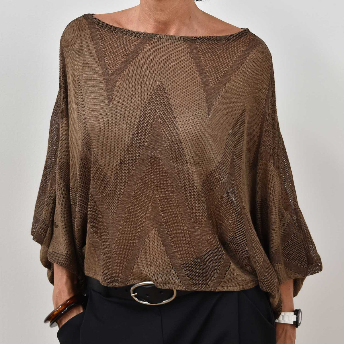 Jersey Calado Manga Abullonada – Marrón