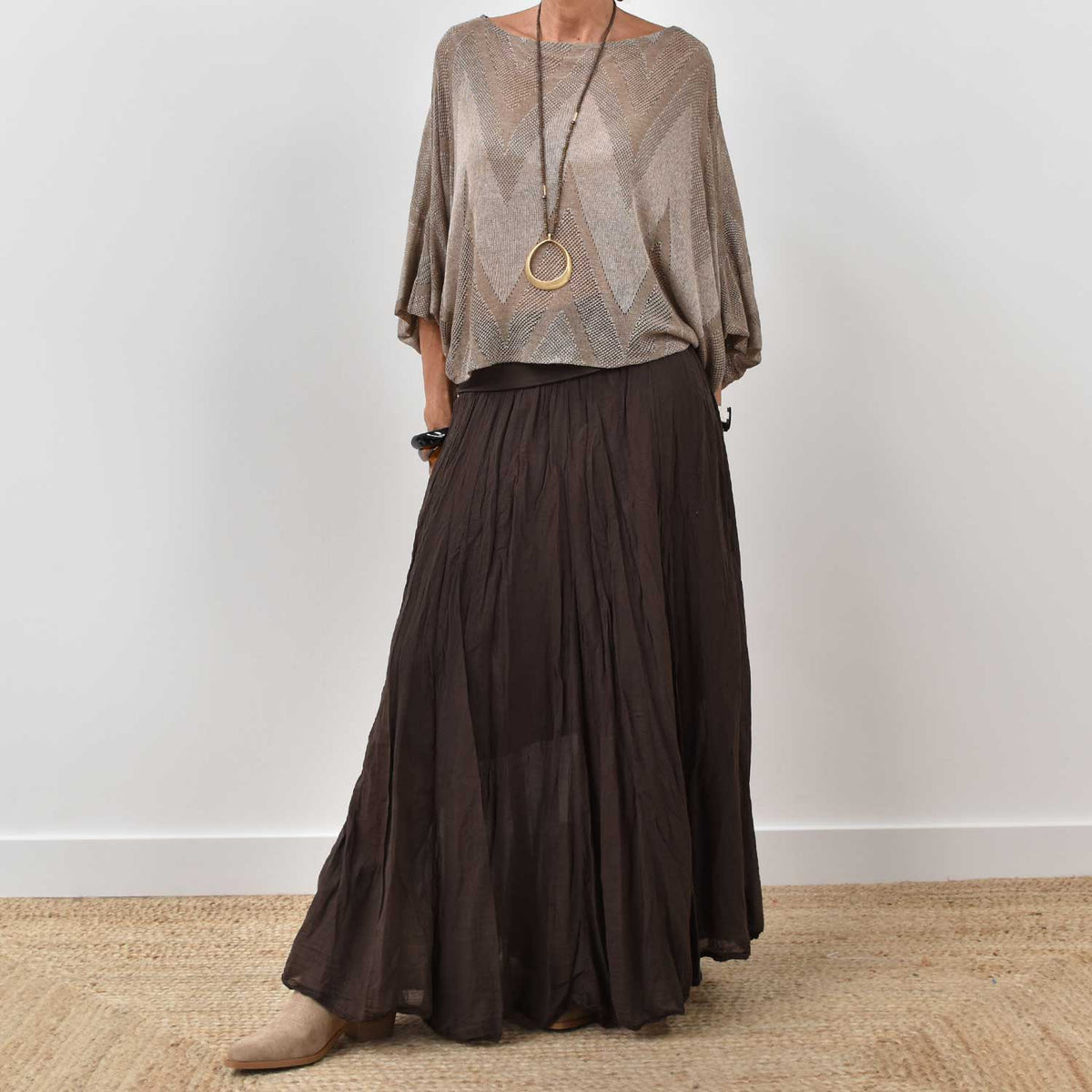 Jersey Calado Manga Abullonada – Taupe