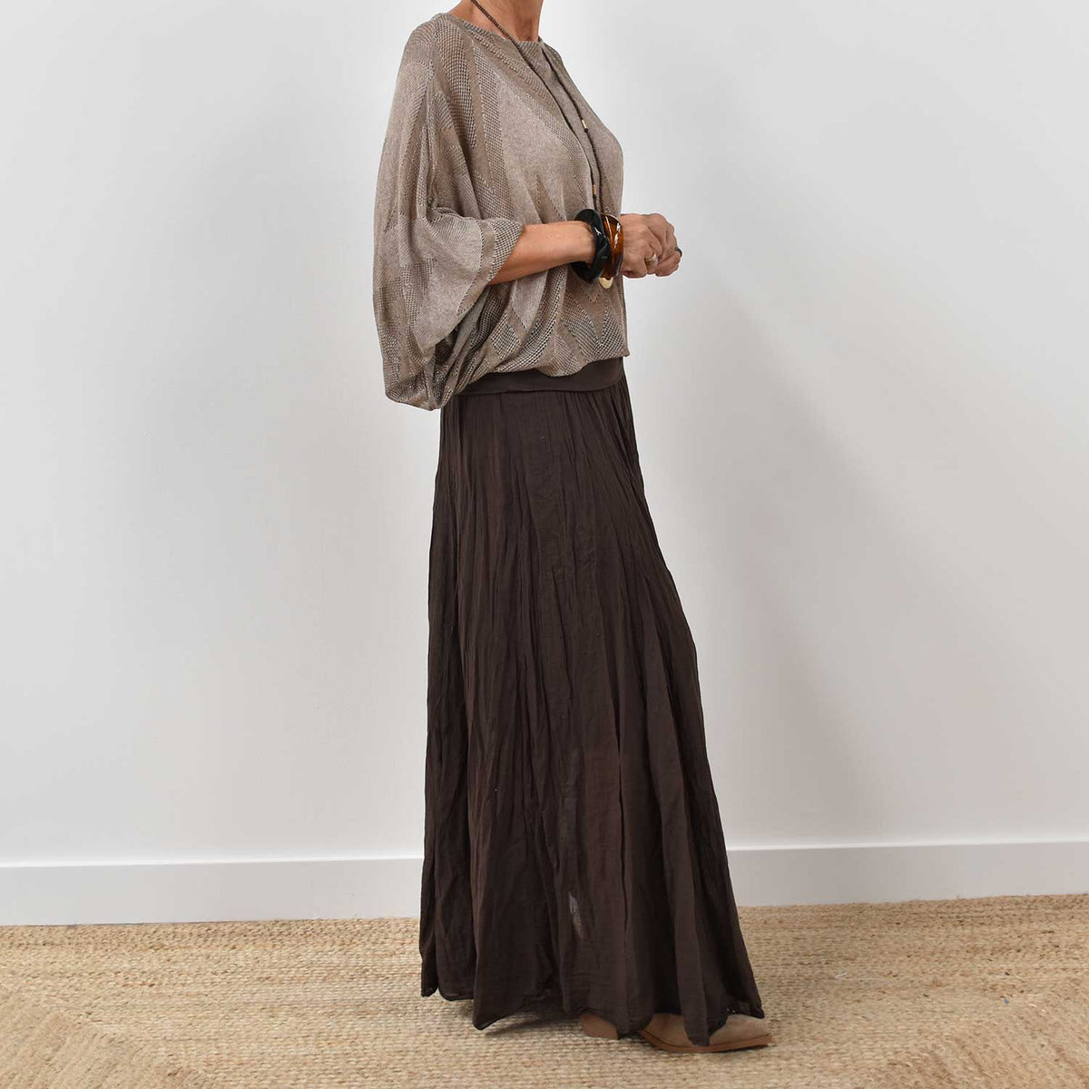 Jersey Calado Manga Abullonada – Taupe