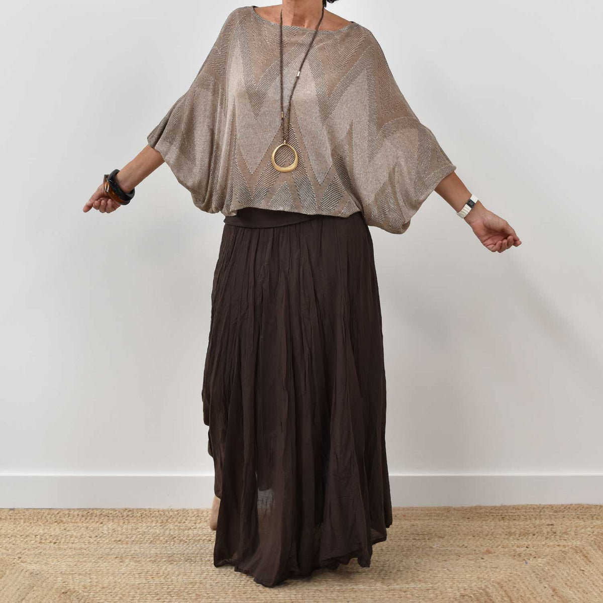 Jersey Calado Manga Abullonada – Taupe