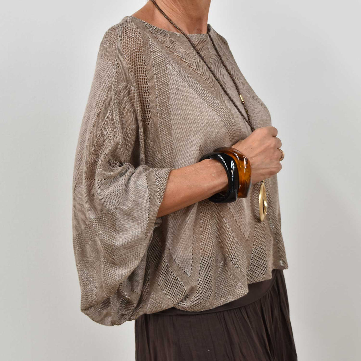 Jersey Calado Manga Abullonada – Taupe